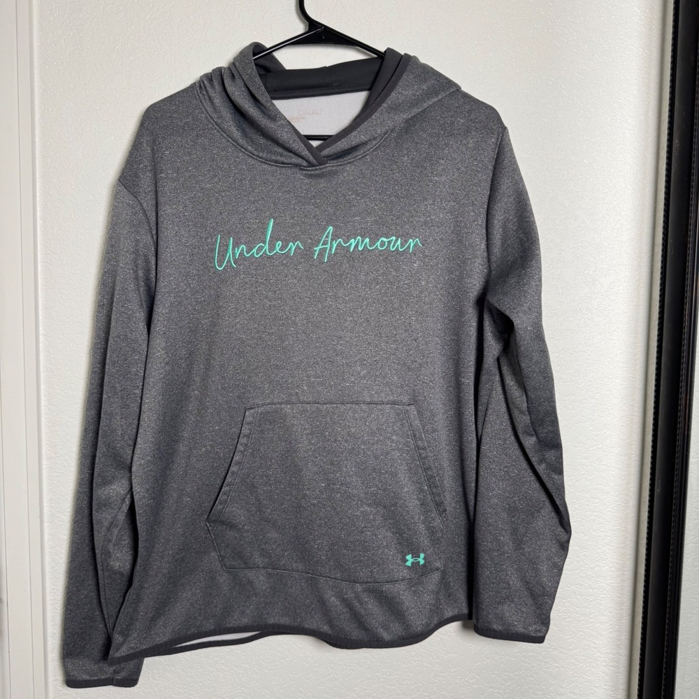Under Armour Hoodie Women XL Gray Teal Loose Fit Script Logo Pullover Sweatshirt